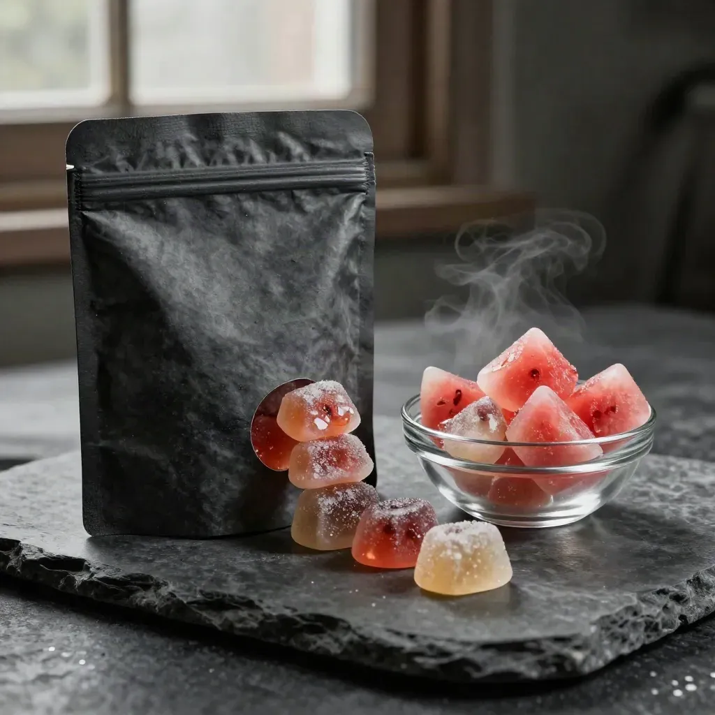 Charcoal gummy pouch with gummies arcing into a clear glass bowl on dark stone.