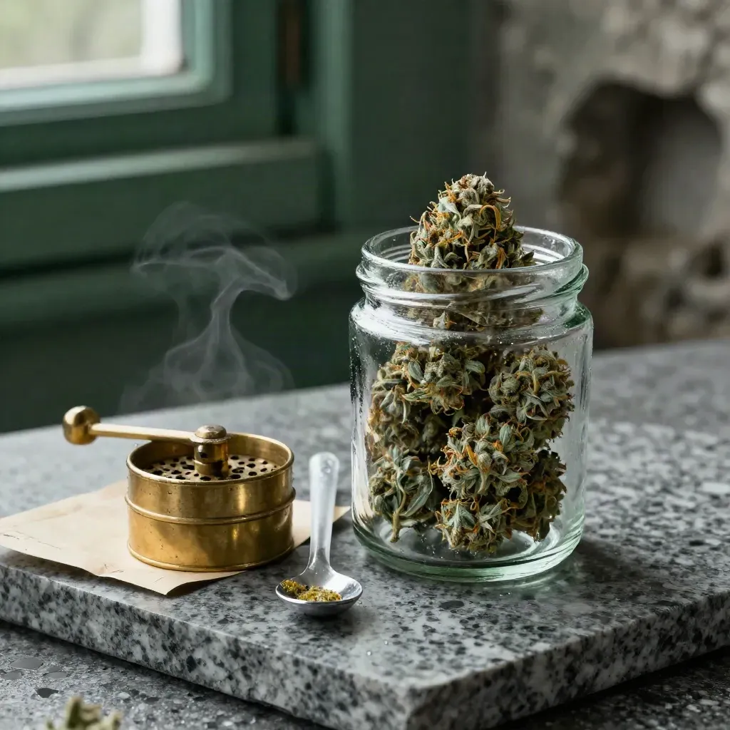 Blue Dream jar with brass grinder, paper pack and spoon pipe on rain-dark travertine.