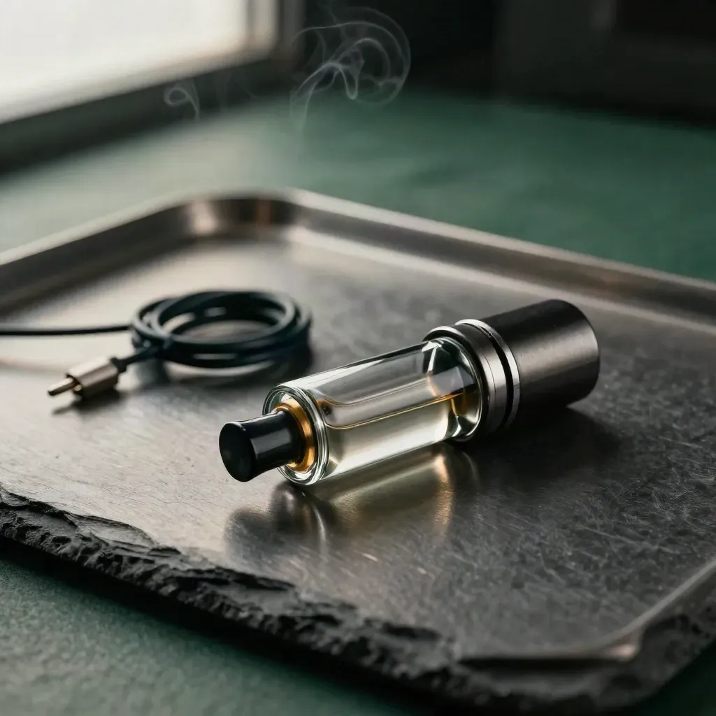 Macro vape cartridge beside smoked glass mouthpiece and metal tray with green shadow tint