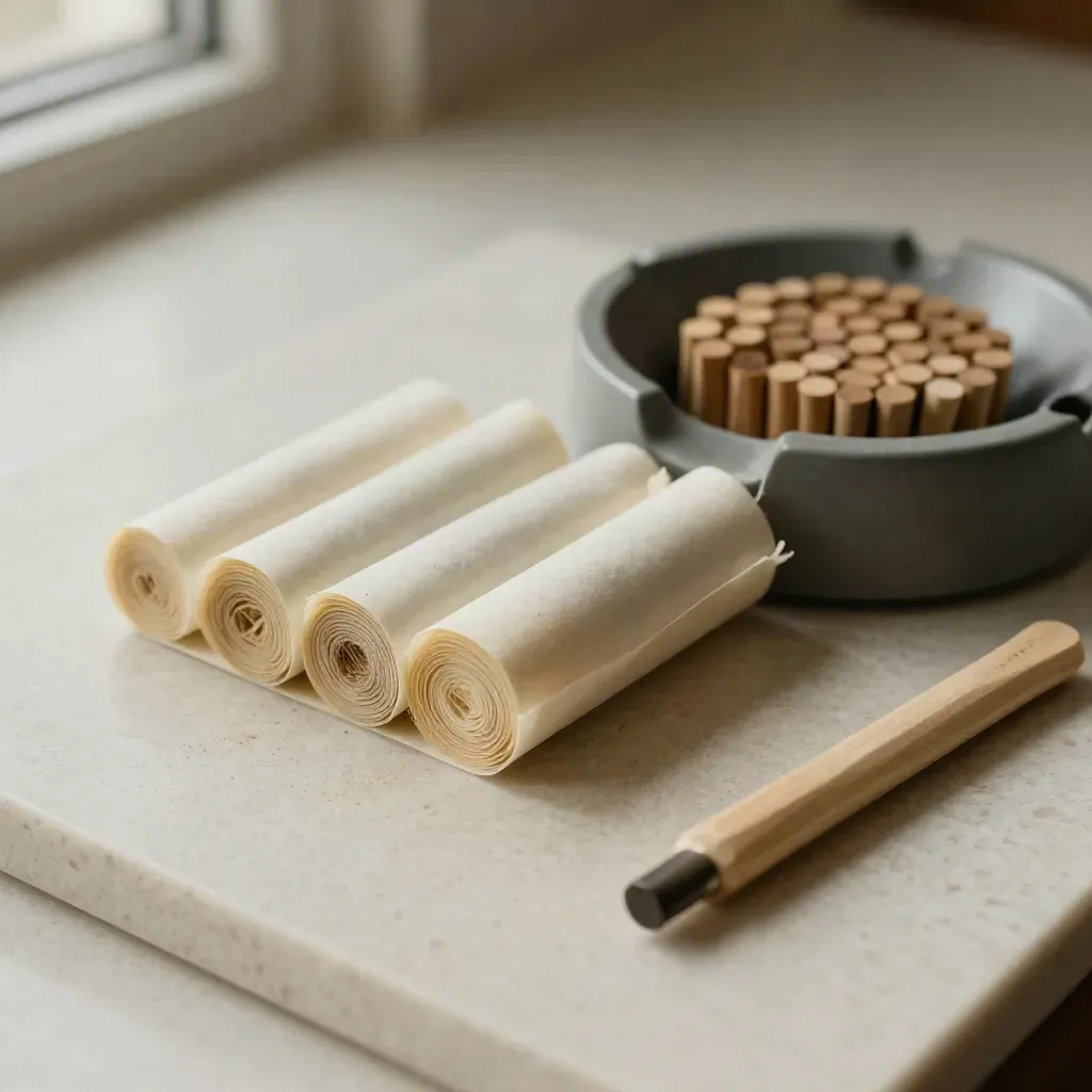 Rolling papers, ash-gray tray, and wooden tip tool on pale stone in a clean overhead flatlay.