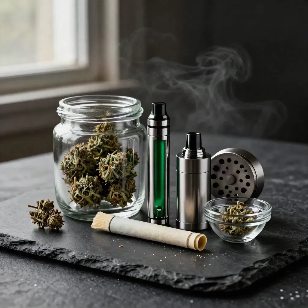 Glass flower jar, vape cartridge, grinder, papers, and buds in a dramatic cannabis bundle scene.