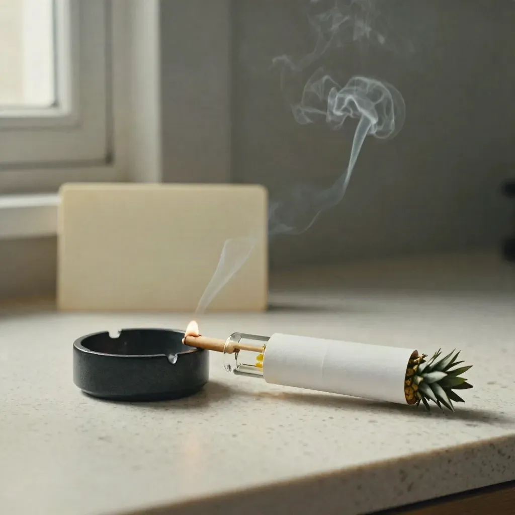 Lit Pineapple Express pre-roll in glass tube beside a tiny ash dish on travertine