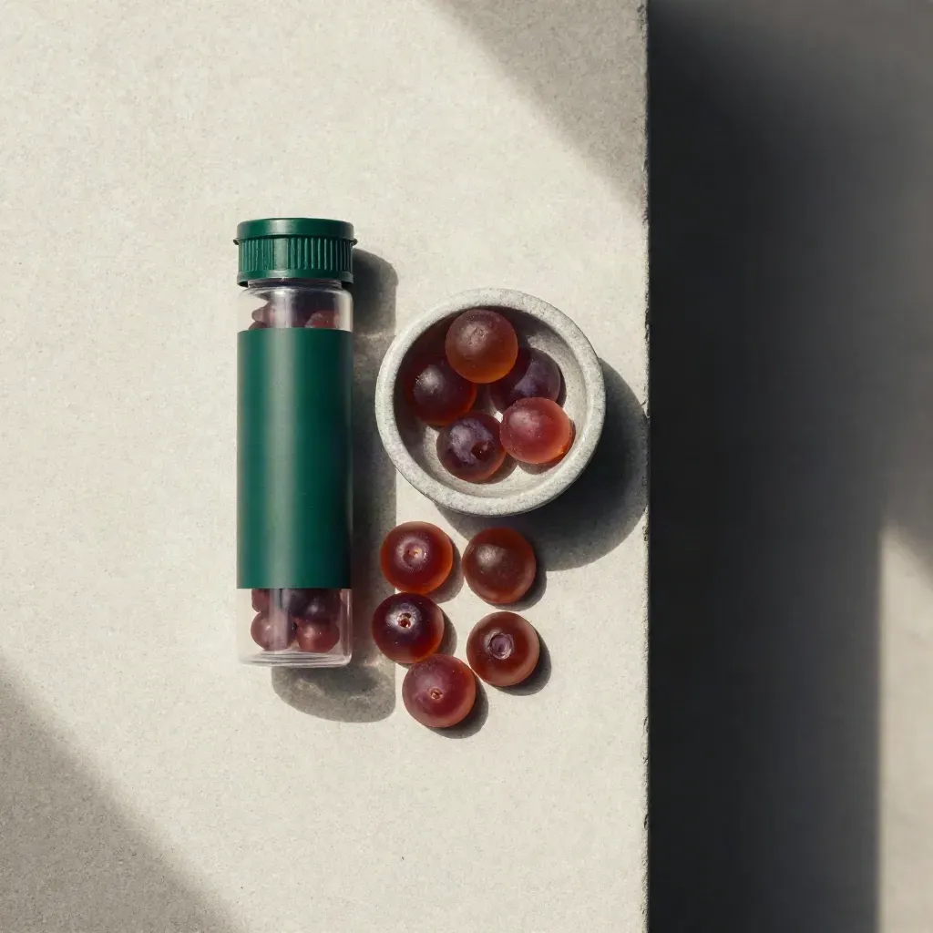 Berry CBD gummies tube with gummy rounds and a stone bowl on pale concrete.