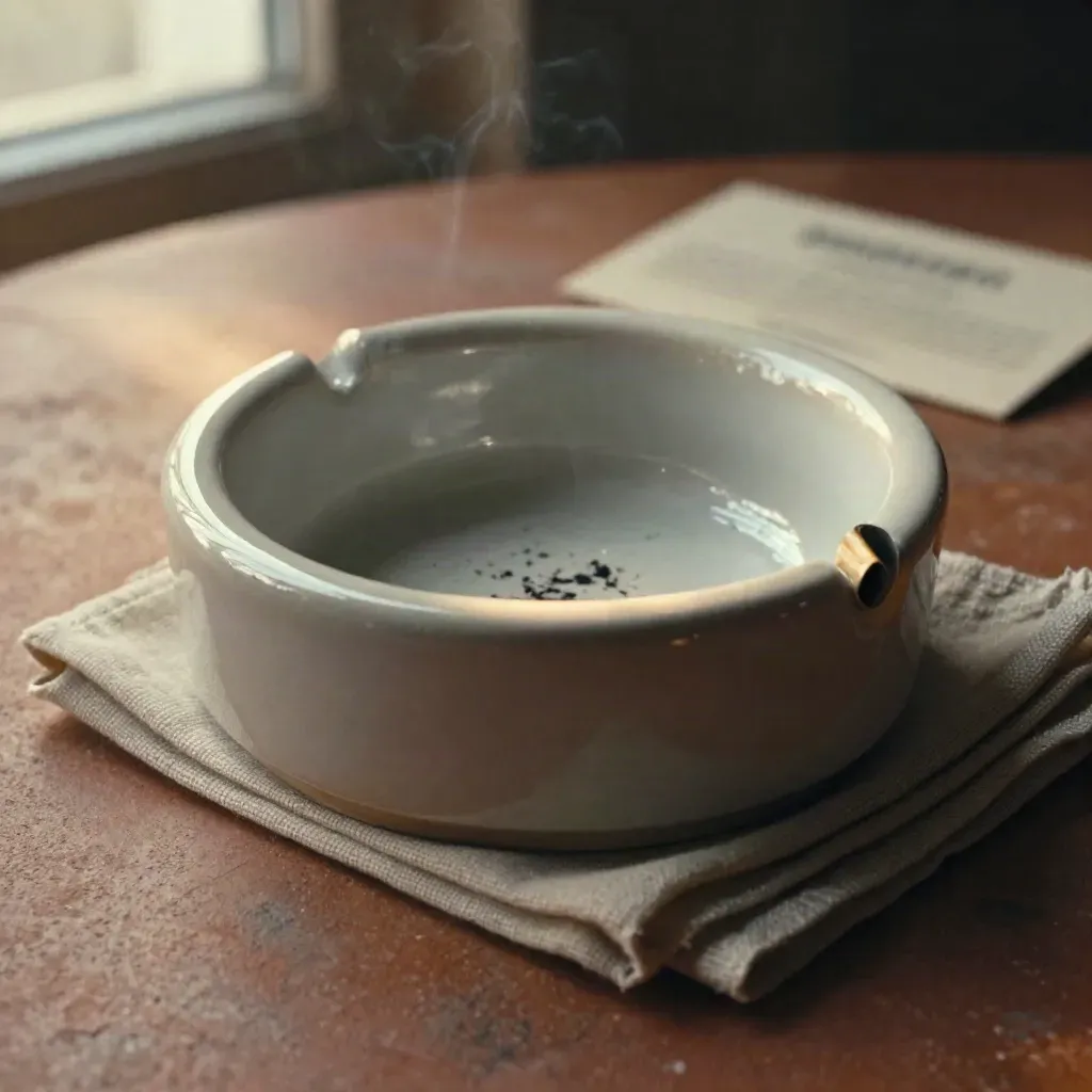 Cream ceramic ashtray with ash marks, a paper stub and linen square in warm raking light.