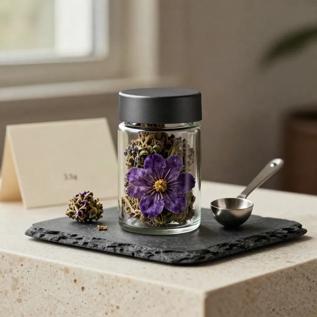 Granddaddy Purple flower jar, scoop and stone tray on cream travertine with violet buds.