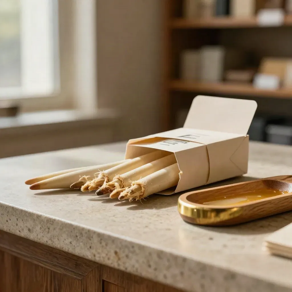 Opened slim rolling tips pack with splayed tips, cone and wooden tray on a limestone counter.