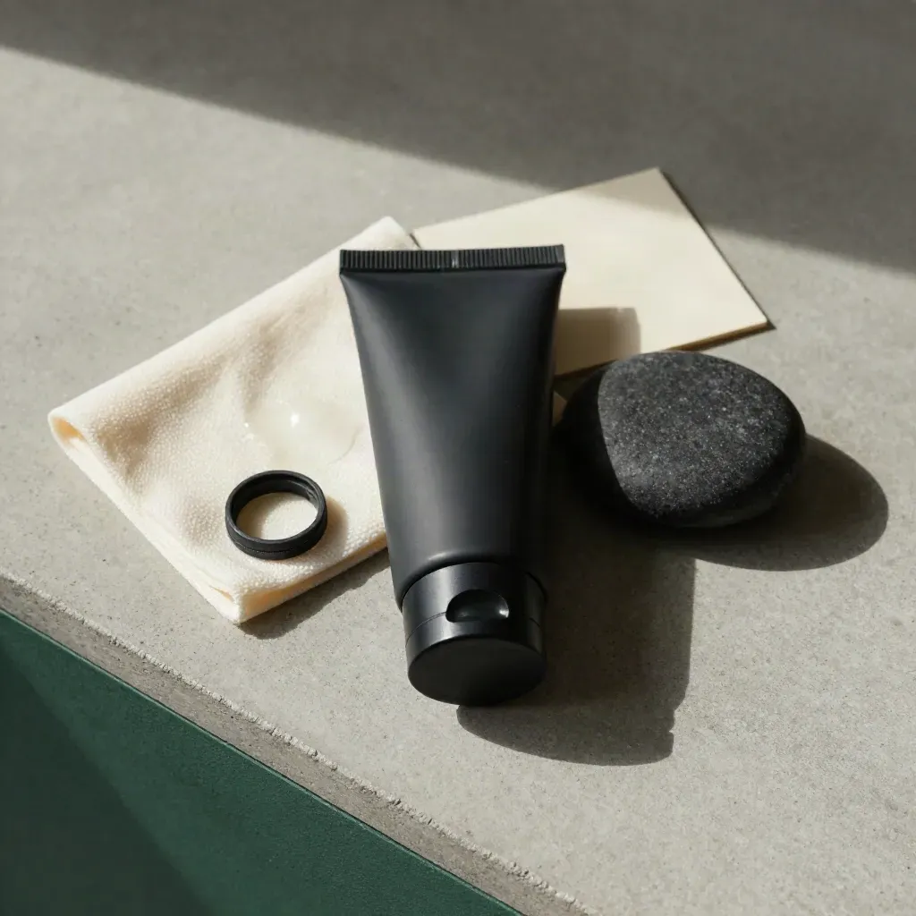 Top-down flatlay of a matte-black silicone pipe, cloth square, cleaning ring and stone on concrete.