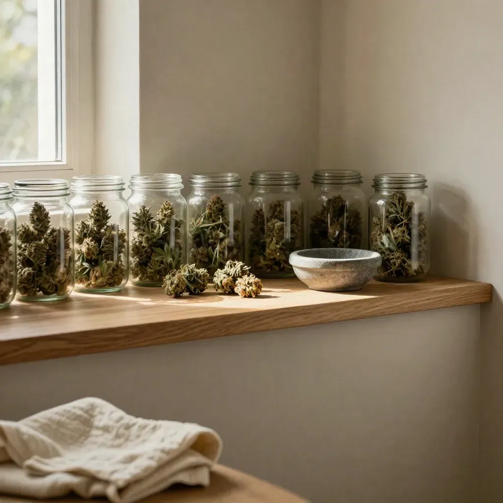 Sunlit cannabis flower jars and buds on pale wood shelving in a quiet corner-shop interior