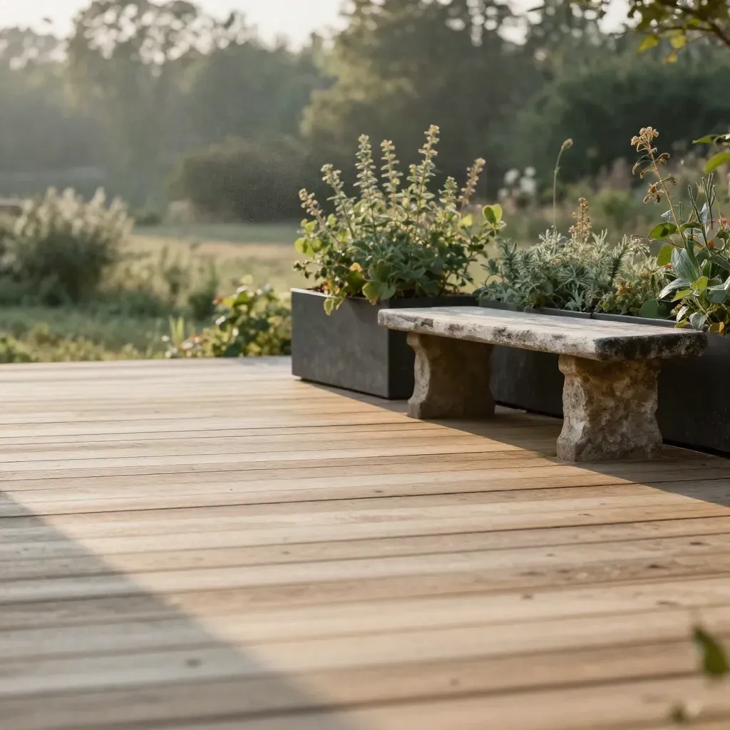 Cedar deck edge, herb planters and stone bench in soft morning haze.